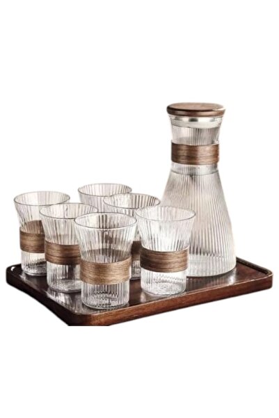 WDA Glass Jug and Cup Set with Wooden Accents, 6 Pieces