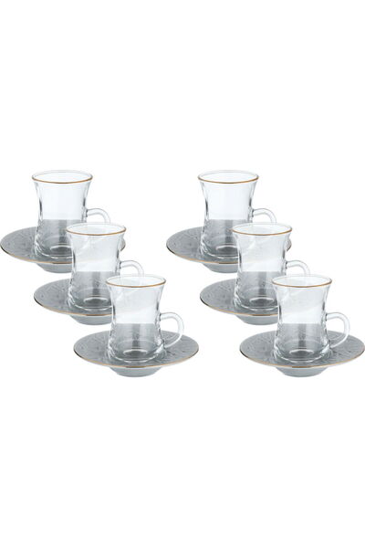 Alsaif Gallery Glass Cups and Saucers Set, 12 Pieces, 120 ml - Clear Grey