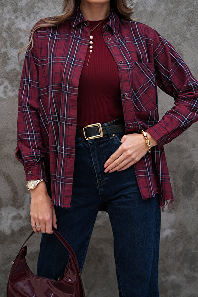 FancyWorld 100% Cotton Plaid Pattern Single Pocket Burgundy Shirt