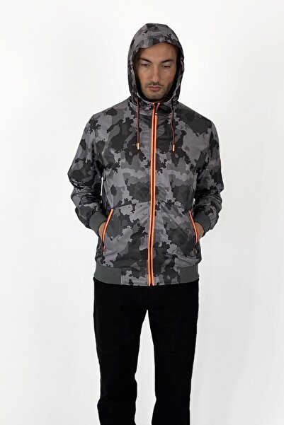 Alışveriş Sokağı Hooded Camouflage Raincoat with Orange Detail