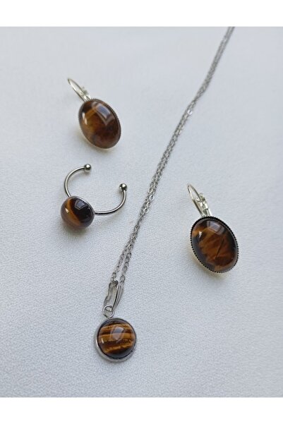 OEM Tiger's Eye Jewelry Set - Earrings, Open Ring, Chain with Pendant, Stainless Steel, Multicolor