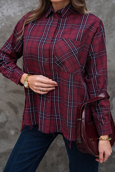 FancyWorld 100% Cotton Plaid Pattern Single Pocket Burgundy Shirt