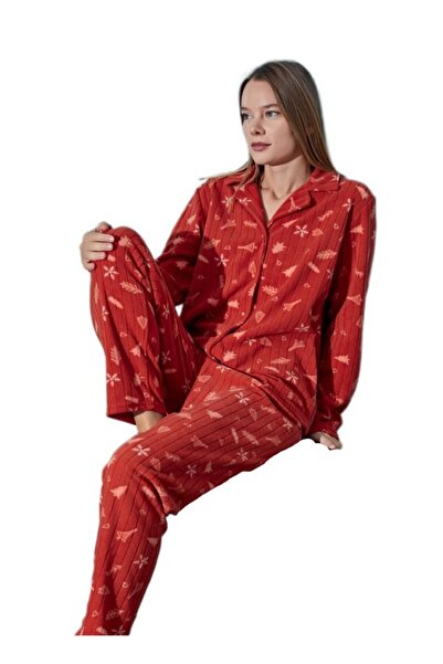 bipamuk Perlay Winter Fleece Fabric Buttoned Women's Pajama Set Warm and Soft