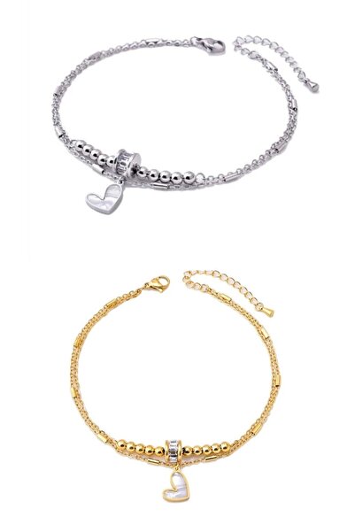 ESJ Stainless Steel Anklet Set of 2 Gold and Silver Color Length: 20+5 cm