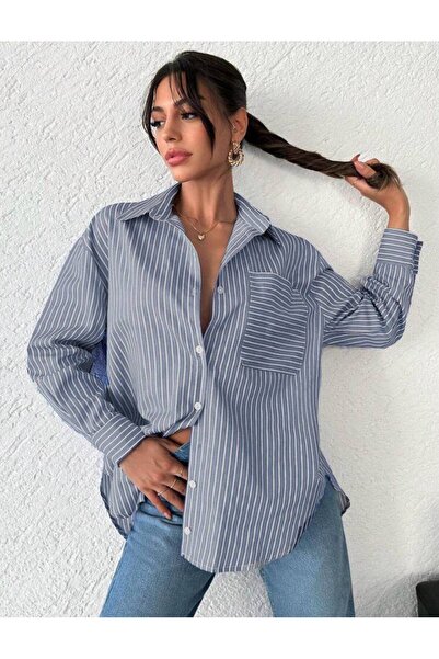 FancyWorld قميص من قماش البوليستر القطني ذو نمط خطوط وتفاصيل جيبية