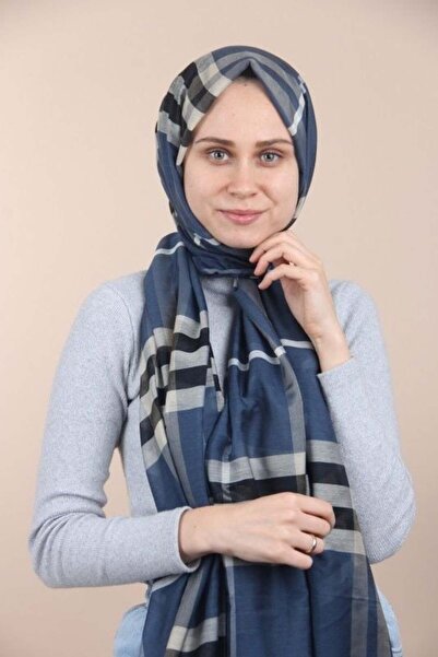 PİRAMİT Plaid Checked Shawl Navy Blue Cream