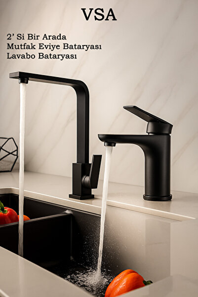 VSA 2'Si Bir Arada Siyah Mutfak Eviye Bataryası / Siyah Banyo Lavabo Bataryas...