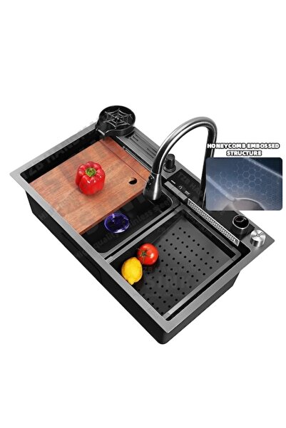 stuffix Chiuvetă multifuncțională din oțel inoxidabil cu LED, gri 75×46 și su...