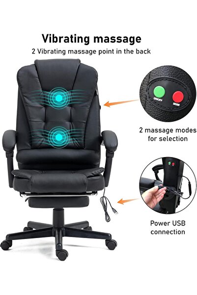 AnneFish Executive Office Chair with USB Massage, PU Leather, Black