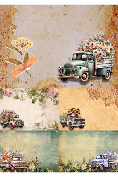 Hiras Dizayn Vintage Çiçek Kamyonları Desenli A4 Sevgiliye Mektup Kağıdı 20 a...