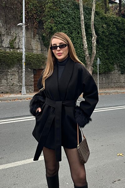 Laluvia Black Cashmere Fabric Sleeve Fur Detailed Coat - 1026