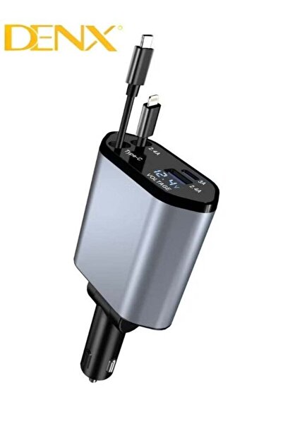 Denx شاحن سيارة قابل للسحب 4 في 1 بقوة 18 وات مع شاشة عرض الجهد، كابلات من النوع C بطول 80 سم