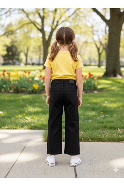 babyshop KIZ ÇOCUK YILDIZ DETAYLI İSPANYOL PAÇALI SİYAH KOT PANTOLON 6-10 YAŞ