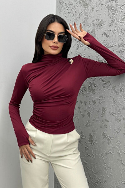 oshebu Women's Mock Neck Buckle Finger-Loop Blouse