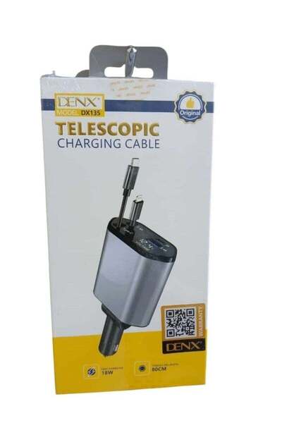 Denx 4-in-1 Retractable Car Charger (USB-C, Lightning, Micro-USB) PD Fast Charge – Black