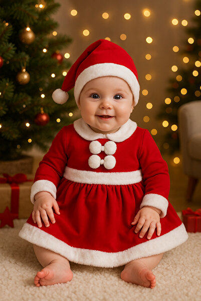 AKİ MODA KİDS Baby Girl Red Christmas Hat Dress 6-9-12-18 Months
