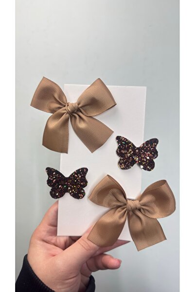 Toka Perisi Milky Coffee Tones Ribbon Butterfly Clip Hairpin Set (5/3 cm Metal Clip)