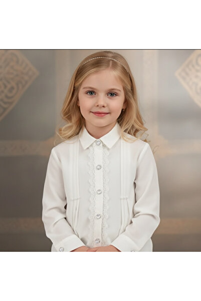 SVART WEAR Cămașă albă cu detaliu din dantelă pentru fete – Cămașă școlară din bumbac Girl School White Shirt