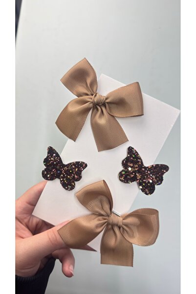 Toka Perisi Milky Coffee Tones Ribbon Butterfly Clip Hairpin Set (5/3 cm Metal Clip)
