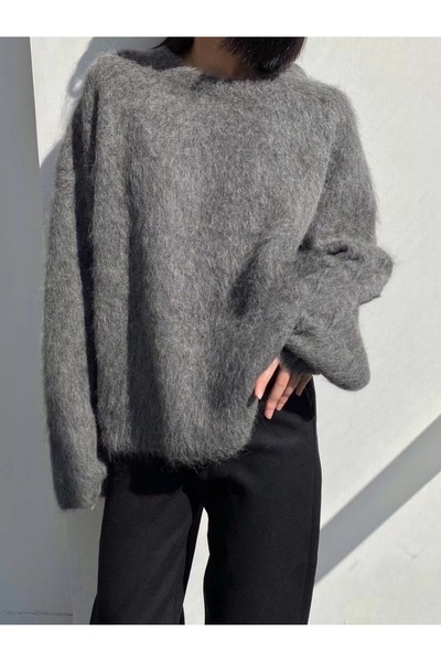 NATUFIAN STORE Women's Crew Neck Oversized Mohair Soft Basic Knitwear Cardigan