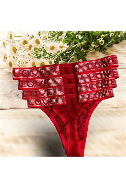YEŞİL GİYİM Love Taşlı Kırmızı Tanga