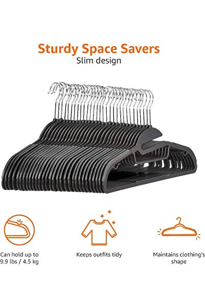 Amazon basics Non-Slip Heavy Duty Plastic Hanger with Rubber and Horizontal Bar, Grey (30-Pack)