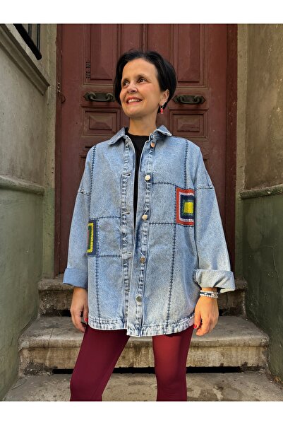 Bohoyasam Unisex Patchwork Nakış Detaylı Jean Ceket – Oversize Boho Stil, Geo...