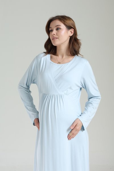 Lohusa Dünyasi Women's Blue Jacquard Shawl Collar Winter Long Sleeve Special Design Maternity Pregnant Dressing Gown Nightgown Set