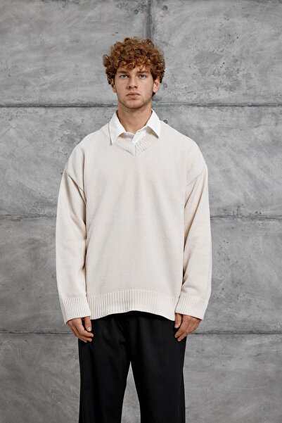 NOMARC Beige 251 V Neck Oversized Knitwear