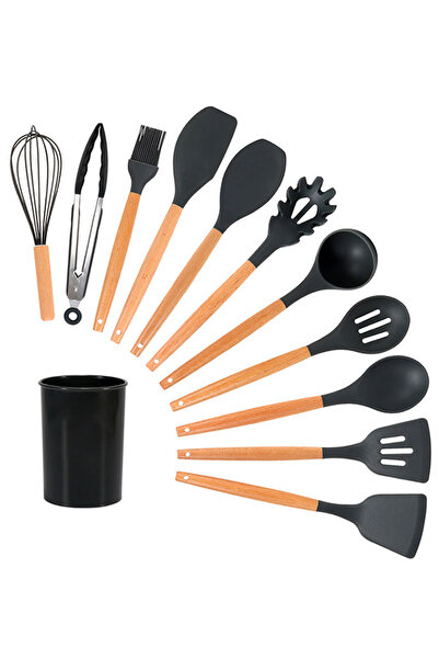 LILY Set of 12 BLACK non-stick silicone kitchen utensils with bamboo handle PREMIUM quality