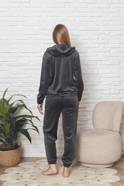 Asel Γυναικείο σετ με κουκούλα ανθρακί χρώματος βελούδο με μακρυμάνικο ελαστικό σετ