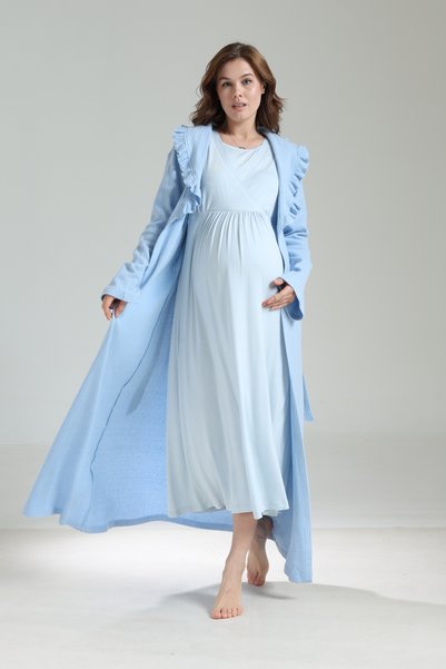Lohusa Dünyasi Women's Blue Jacquard Shawl Collar Winter Long Sleeve Special Design Maternity Pregnant Dressing Gown Nightgown Set