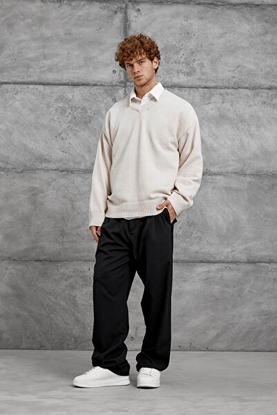 NOMARC Beige 251 V Neck Oversized Knitwear