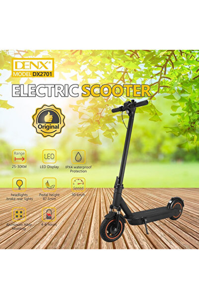 Denx The DX2701 electric scooter has a speed of 30 km/h, a range of up to 30 km, and IPX4 waterproof protection.