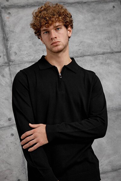 NOMARC Black 251 Half Zip Polo Neck Basic Knitwear