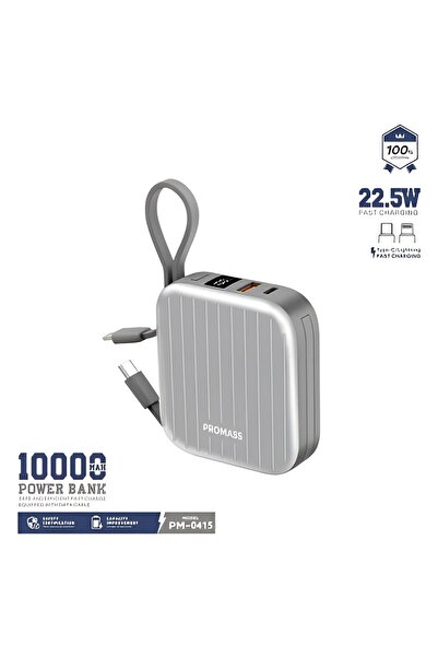 Promass Compact 10000mAh power bank with built-in 2 cables, supports 22.5W fast charging, and features a digital display.
