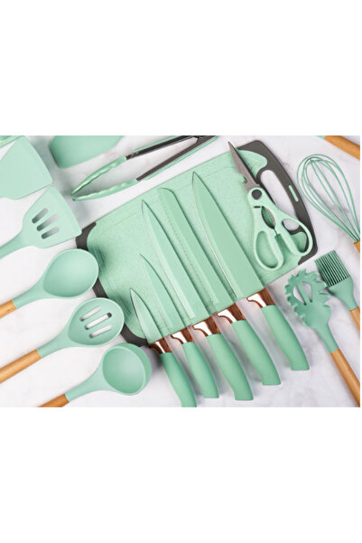 BASE MINT GREEN kitchen utensil set 19 pieces food grade silicone knives heat resistant chopping board