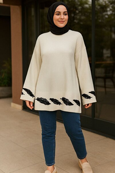 Cherry Butik Yaprak Desen Yırtmaç Detay Dökümlü Kol Tunik Kadın Lüks Kazak