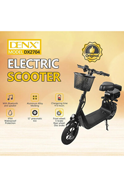 Denx DX2704 electric scooter with a 500W motor, 30 km/h speed, and 12-inch pneumatic tires