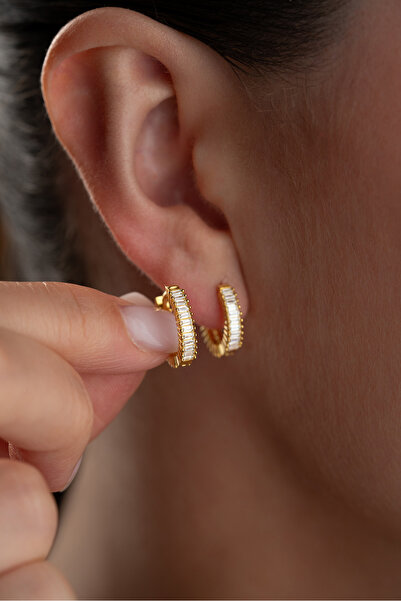 Silvano Jewelry 925 Ayar Gümüş Altın Kaplama Baget Taşlı Halka Küpe