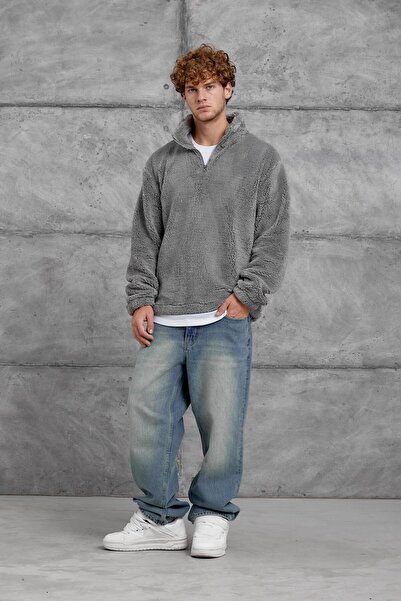 NOMARC Gray Lns Half Zipper Plush Sweatshirt