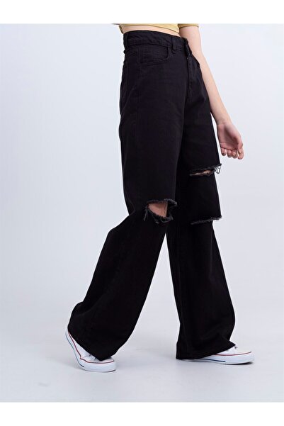 DRC trend Viego Women's Black Three Ripped Stretch Fabric Super High Waist Loose Jean Pants.