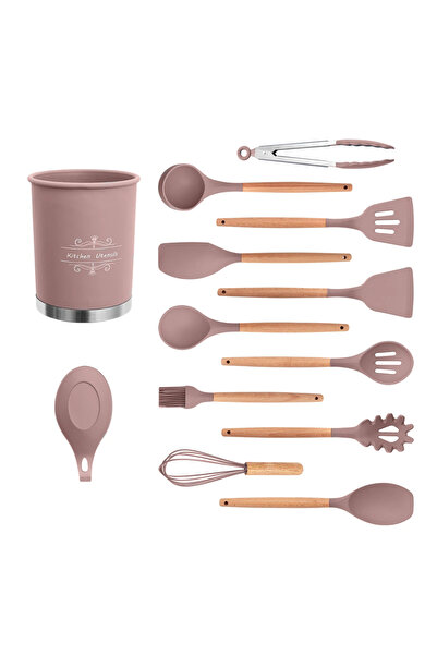 LILY Set of 12 kitchen utensils with pink wooden handles