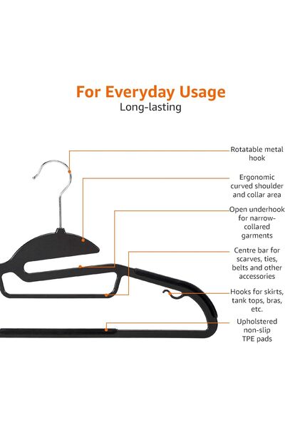 Amazon basics Non-Slip Heavy Duty Plastic Hanger with Rubber and Horizontal Bar, Grey (30-Pack)