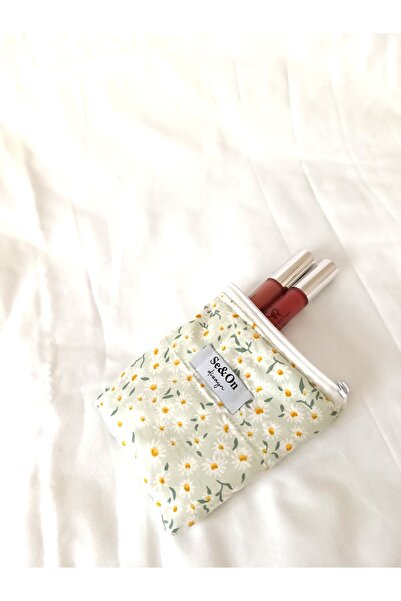 Se&On dizayn Papatya desenli beyaz fermuarlı astarlı kucuk cüzdan mini makyaj çantası kese ölçüleri 14*14