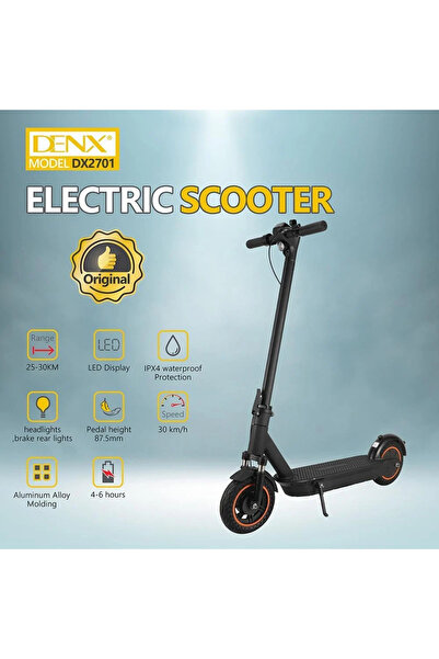 Denx The DX2701 electric scooter has a speed of 30 km/h, a range of up to 30 km, and IPX4 waterproof protection.