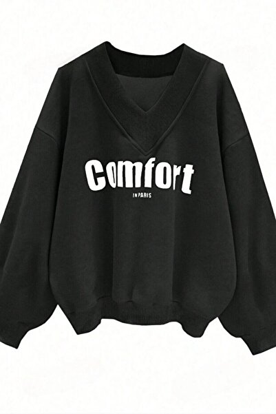 ROYAL FASHİON سويت شيرت نسائي أسود مريح بثلاثة خيوط مطبوع برقبة على شكل حرف V...