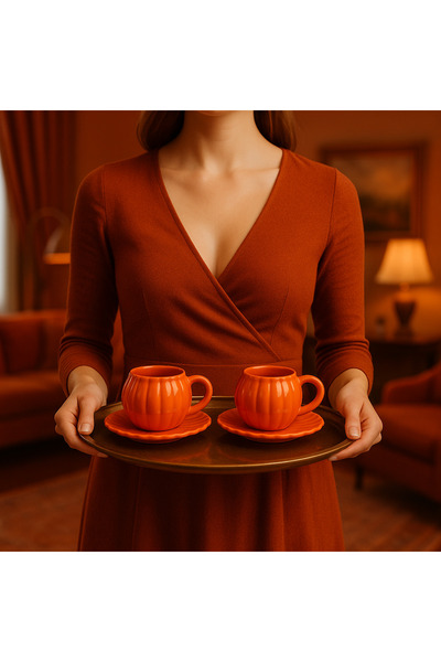 PEKPLUS 2 Pieces Handmade Pumpkin Shaped Ceramic Turkish Coffee Cup Set