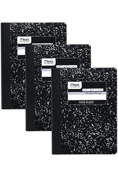 Mead Composition Notebook Pack of 3, Wide-Ruled 9-3/4×7-1/2 in, 100 Sheets, Black Marble