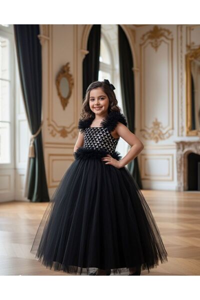 Asyagiyimavm Siyah Payetli Tüllü Çocuk Abiye Elbisesi